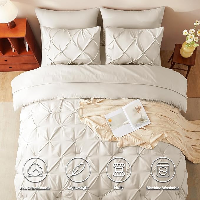 CozyLux Queen Comforter Set Oatmeal, 7 Pieces Pintuck Bed in A Bag, Premium Oatmeal Comforter Queen Size, Pinch Pleat Bedding Sets with Comforter, Sheets, Pillowcases & Shams