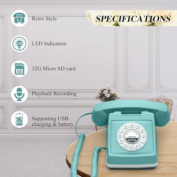 UKBW Audio Guest Book Wedding Phone, 32G Record Customized Audio Message with Guest Book, Retro Style Audio Guestbook for Birthdays Parties Confessions Special Occasions, Blue