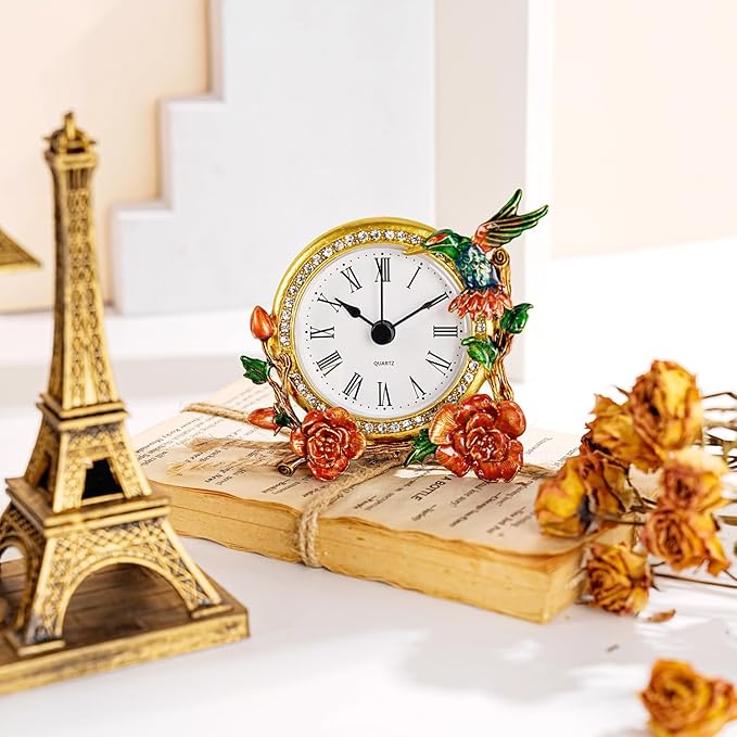 Mini Tabletop Clock, Decorative Vintage Floral Metal Table Clock with Battery Operated for Bedside, Table, Living Room, Home and Office