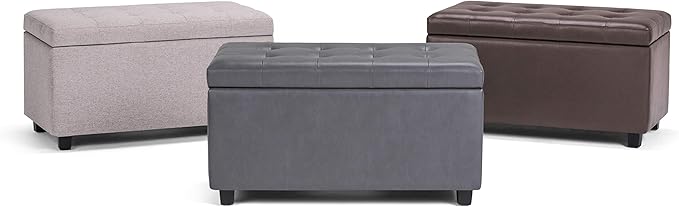 SIMPLIHOME Cosmopolitan Storage Ottoman - 34 inch Wide Upholstered Linen Look Fabric Rectangle Storage Ottoman Bench in Cloud Grey, Transitional Tufted Ottoman for Living Room with Lift-Up Lid