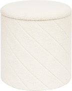 Round Boucle Storage Ottoman with Reversible Wood Tray, 17.7" Sherpa Cylinder Footrest Stool with Storage, Upholstered Folding Ottoman Coffee Table for Living Room Bedroom Dorm, White