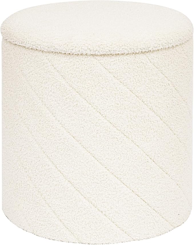Round Boucle Storage Ottoman with Reversible Wood Tray, 17.7" Sherpa Cylinder Footrest Stool with Storage, Upholstered Folding Ottoman Coffee Table for Living Room Bedroom Dorm, White