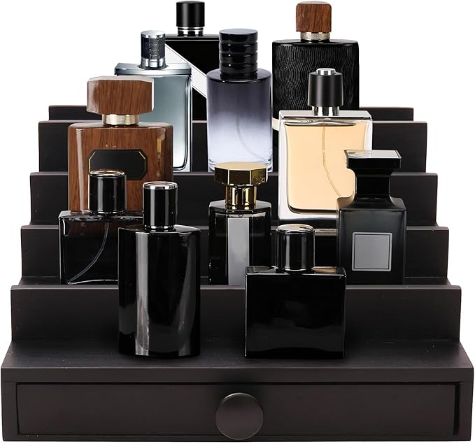 5 Tier Cologne Organizer for Men - Wooden Black Cologne Perfume Display Stand with Drawer and Hidden Compartment, Mens Cologne Holder Shelf for Organizing and Storing