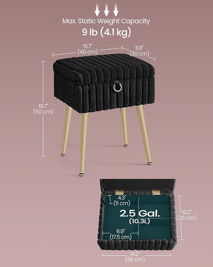 SONGMICS Vanity Stool Chair with Storage, Makeup Stool, Footrest Footstool Ottoman, Metal Legs, Adjustable Feet, for Living Room, Bedroom, Makeup Room, Ink Black ULOM505BZ02