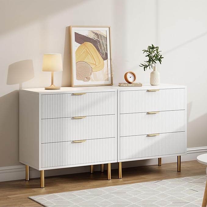 GarveeHome White Dresser, Modern 3 Drawer Dresser for Bedroom with Gold Handle and Large Drawer, Wood Double Chest of Drawers and Storage Organizer for Living Room, Hallway, Entryway