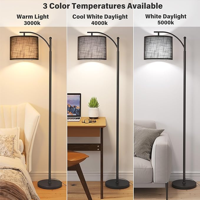 SUNMORY Arc Floor Lamp, Modern Floor Lamp with 12W 3 Color Temperatures Bulb, Metal Standing Lamps with Black Adjustable Hanging Lampshade, Tall Floor Lamps for Living Room, Bedroom, Office