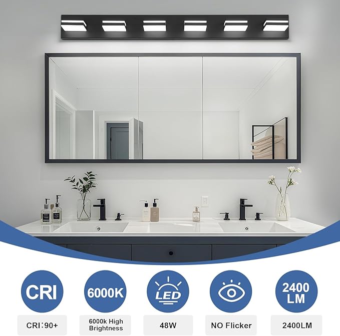 Modern LED Bathroom Lights Fixtures(6-Light),Metal Black Acrylic Wall Lighting,Vanity Lights for Bathroom Over Mirror(6000k 41in)