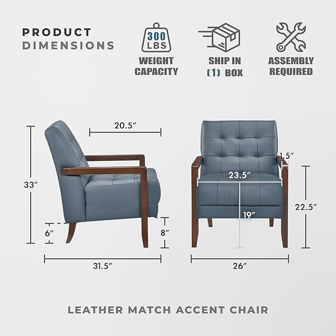 Lexicon Modern Accent Chair, Luxury Genuine Leather Match Living Room Chair with Tufted Cushions, Solid Wood Frame and Arm Rest, Comfy Upholstered Single Seat for Bedroom/Reading/Office, Blue