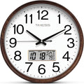 Wall Clock, Classic Wood Style Finish, 16 Inch Non-Ticking Silent Battery Operated Quartz Analog with Perpetual Calendar and F° Temperature Display, Home, Office Décor (Wood Brown)