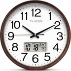 Wall Clock, Classic Wood Style Finish, 16 Inch Non-Ticking Silent Battery Operated Quartz Analog with Perpetual Calendar and F° Temperature Display, Home, Office Décor (Wood Brown)