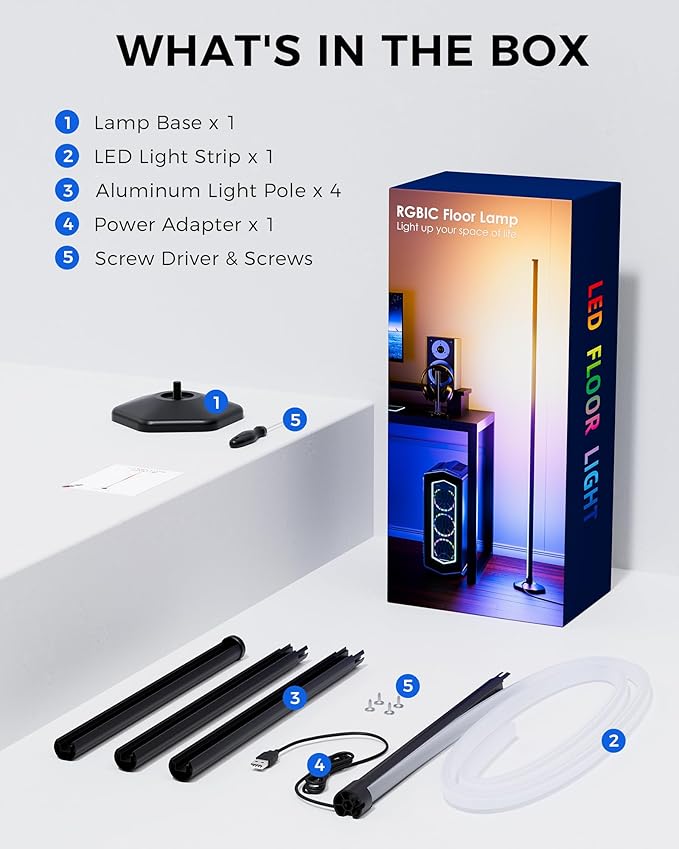 Corner LED RGB Floor Lamp, Smart Dimmable Corner Light with Music Sync, Color Changing Ambient Lighting with App and Remote Control, for Bedroom, Living Room Gaming Room