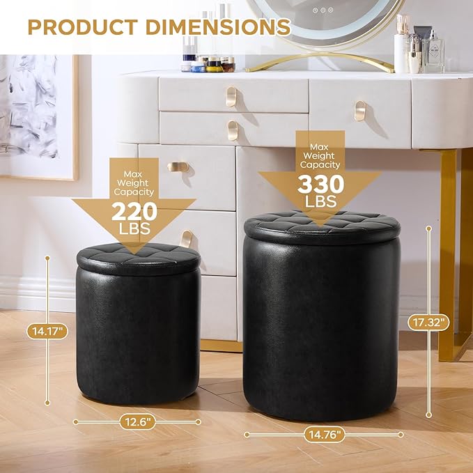 Round Ottoman with Storage Set of 2, 12.6" W x 14.17" H & 14.76" W x 17.32" H Faux Leather Storage Ottoman for Living Room Bedroom, Small Coffee Table Padded Ottoman, Black