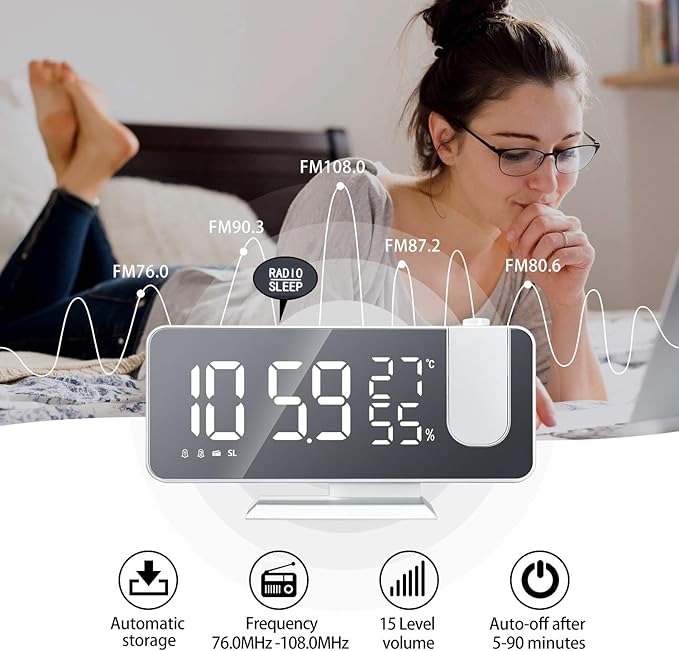 Projection Alarm Clock for Bedroom Ceiling Digital Clock Radio with USB Charger Ports 180° Rotatable Projector, 12/24H,Snooze,Dual Loud Alarm Clock (White)