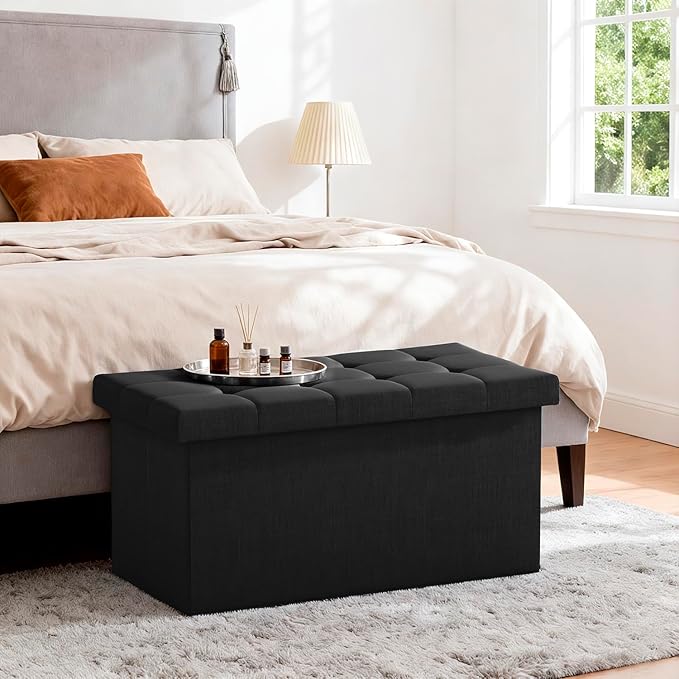 FDW 30 Inches Folding Storage Ottoman Bench, End of Bed Foot Rest Stools Ottoman Storage Chest, Holds up to 660 lb, for Entryway, Living Room, Bedroom, Black