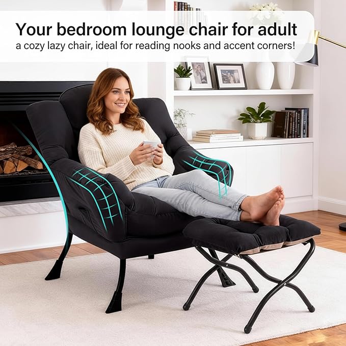 Lazy Chair with Ottoman, Modern Accent Chair with Lumbar Pillow, Black Sofa, Lounge Chairs with Folding Footrest, Oversized Supportive Chairs for Bedroom, Reading
