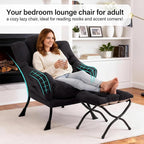 Lazy Chair with Ottoman, Modern Accent Chair with Lumbar Pillow, Black Sofa, Lounge Chairs with Folding Footrest, Oversized Supportive Chairs for Bedroom, Reading