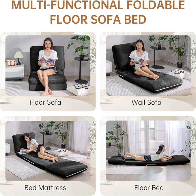 Bean Bag Chairs for Adults,Folding Sofa Bed,Floor Couch Bed, Foam Filling Fold Floor Mattress with Washable Soft Faux Fur Cover, Leisure Floor Couch for Bedroom Living Room(Black,Single)