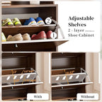 Shoe Cabinet for Entryway with 2 Flip Drawers & Coat Rack, Narrow Hidden Shoe Storage Cabinet with Fluted Panel, 2-in-1 Hall Tree Slim Freestanding Shoe Rack Organizer for Hallway, Walnut