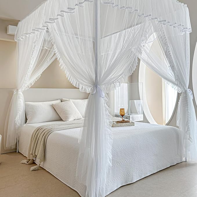 AIKASY 4 Corners Post Ruffle Princess Bed Canopy Curtain - Double Layer Cozy Drape Netting with 4 Openings - Elegant Mosquito Net for Girls and Adults Bedroom Decoration (White, Twin)