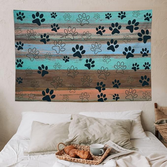 VUMIVI Dog Paw Print Tapestry Rustic Farmhouse Vintage Wood Paneling Home Decor Tapestry Wall Hanging for Living Room Bedroom Dorm Classroom Aesthetic Decor W60xL40in
