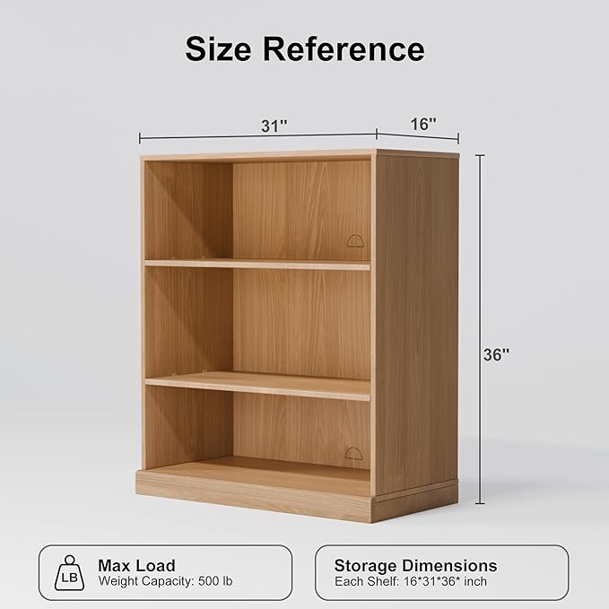 Casaphoria 36" H Wooden Bookshelves, 3 Tier Heavy Duty Bookshelf with Adjustable Shelves, Farmhouse Bookshelf with 16" Deep Storage Space for Living Room,Bedroom & Home Office