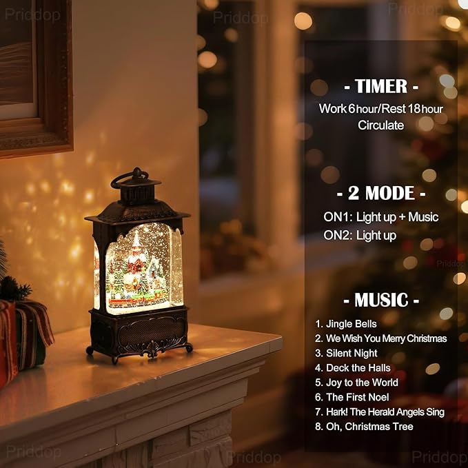 Village Snow Globe Christmas Decorations Gifts Snowman Church Village Scene USB/Battery Timer Music Glitter Snowfall Lantern 10.2 inch