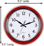 Bernhard Products Retro Wall Clock 9.5 Inch Red Kitchen 50's Vintage Design Round Silent Non Ticking Battery Operated Quality Quartz Clock