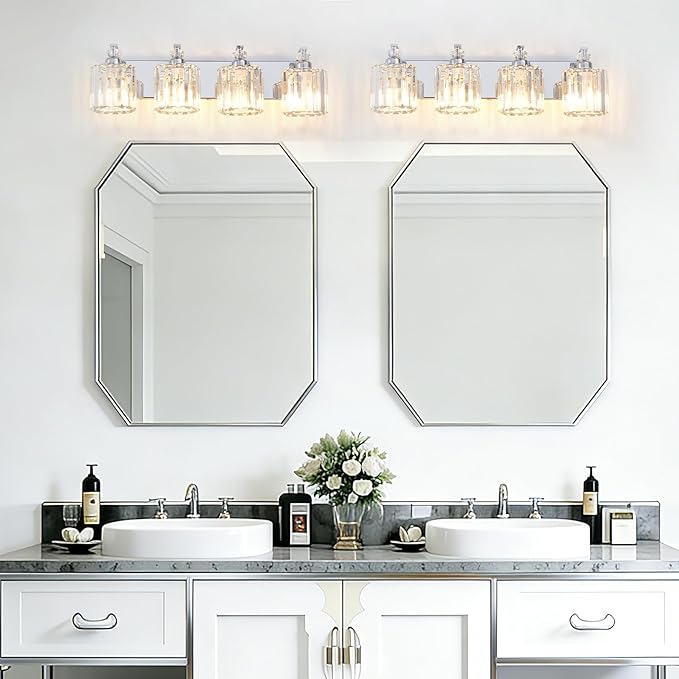 4-Light Modern Bathroom Light Fixture Chrome Vanity Lights Over Mirror Wall Sconce Lighting with K9 Crystal Shades Bathroom Wall Lamp E26 Base for Bedroom, Living Room, Hallway, Cabinet
