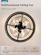 LEDIARY 22 inch Caged Ceiling Fan with Light, Fandelier Industrial Ceiling Fan with Remote, Farmhouse Fan Lights Ceiling Fixtures for Kitchen, Bedroom, Outdoor（6 Speed, Timing）-Brown