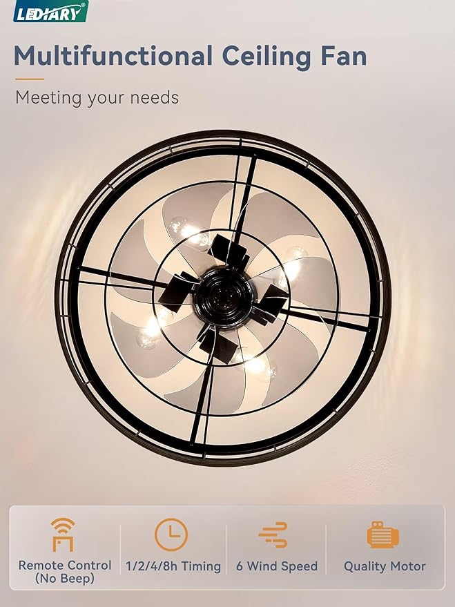 LEDIARY 22 inch Caged Ceiling Fan with Light, Fandelier Industrial Ceiling Fan with Remote, Farmhouse Fan Lights Ceiling Fixtures for Kitchen, Bedroom, Outdoor（6 Speed, Timing）-Brown