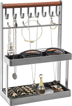 Lolalet 4-Tier Jewelry Organizer Stand with 12 Hooks, Necklace Bracelet Ring & Sunglasses Holder, Cute Metal Jewelry Storage Rack for Vanity, Dresser or Entryway, No Assembly -Grey