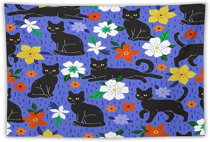 VUMIVI Black Cat Floral Tapestry Red White Hand-Painted Flowers Cute Animals Kids' Doodles Tapestry Wall Hanging for Living Room Bedroom Dorm Classroom Aesthetic Decor W60xL40in