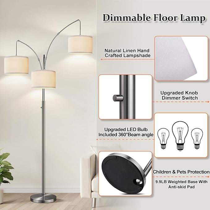Nintiue Dimmable Floor Lamp - 3 Lights Brushed Nickel Arc Floor Lamps for Living Room,1000LM Modern Tall Standing Lamp with White Shades,Mid Century Tree Floor Lamp for Bedroom,3 LED Bulbs Included
