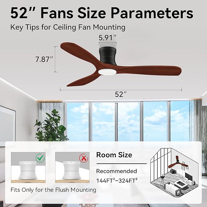 52” Smart Low Profile Ceiling Fans with Lights Remote,3 Wood blade,Quiet DC Motor,Outdoor Indoor Flush Mount Ceiling Fan,Voice Control via WIFI Alexa App,Modern Lighting& Ceiling fan for Bedroom Patio