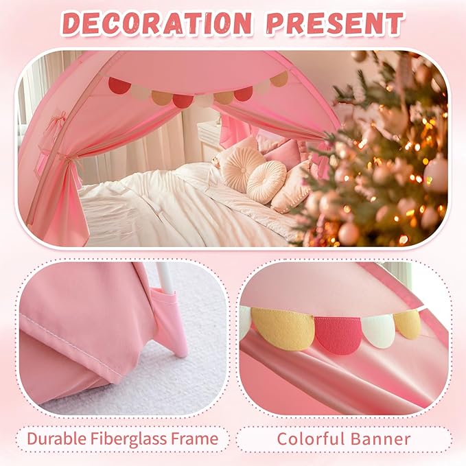 Razee Twin Bed Tent for Kids, Twin Size Bed Tents Indoor Canopy Privacy on Bunk Sleep Inside Drafty Room for Girls, Pink