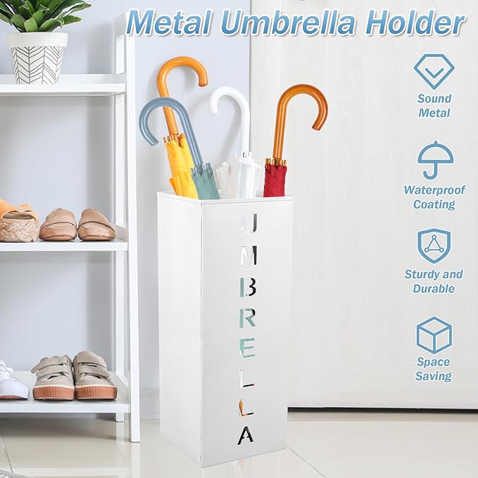 Metal Umbrella Stand Holder, 16.5x6.3x6.3inch Square Free Standing Umbrella Rack Decorative Umbrella Holder Bin Multipurpose Walking Sticks Holder for Umbrella Cane Entryway (White)