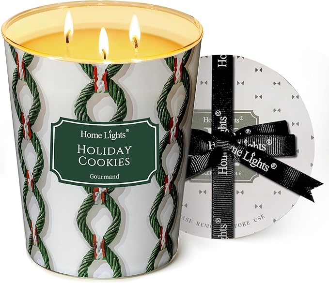 HomeLights Scented Candles | Large Jar 34 Oz Natural Soy Candle | 130 hrs Long-Lasting with 3 Wicks | Rustic Modern Home Decor | Gifts for Mom & Women, Holiday Cookies