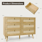 6 Drawer Storage Rattan Dresser, Boho Dresser Chest for Bedroom Hallway Living Room, Oak