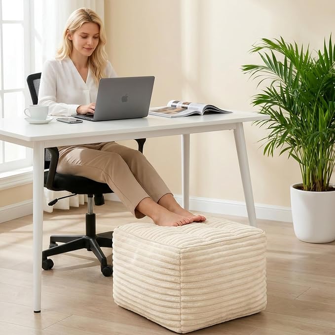 Square Pouf Ottoman, Boho Stuffed Furry and Fluffy Poufs Ottoman Foot Rest with Memory Foam Filled 25.7 x 15.7 inches Modern Corduroy Foot Rest Stool for Living Room, Beige