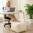 Square Pouf Ottoman, Boho Stuffed Furry and Fluffy Poufs Ottoman Foot Rest with Memory Foam Filled 25.7 x 15.7 inches Modern Corduroy Foot Rest Stool for Living Room, Beige