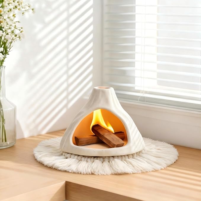 Ceramic Palo Santo Holder Burner,Incense Cone Holder,Mini Chiminea for Palo Santo Sticks and Sage Burner,with Handmade Heat Insulated Mat,Dust Brush,Metal Tweezer. (White Volcano)