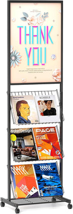 lesolar Floor-Standing Magazine Rack with Poster Board Stand 4-tier Newspaper Holder Book Display Shelf Brochure Display Stand Poster Sign Holder with Wheels Suitable for Exhibitions Store Business
