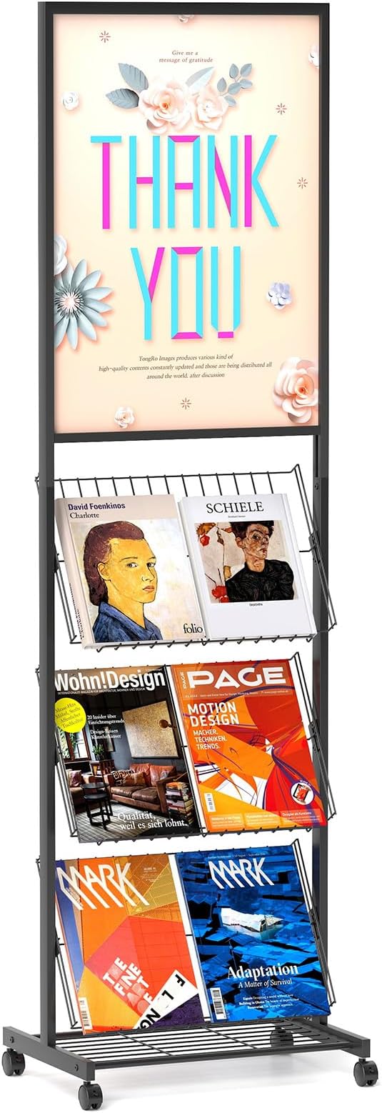 lesolar Floor-Standing Magazine Rack with Poster Board Stand 4-tier Newspaper Holder Book Display Shelf Brochure Display Stand Poster Sign Holder with Wheels Suitable for Exhibitions Store Business