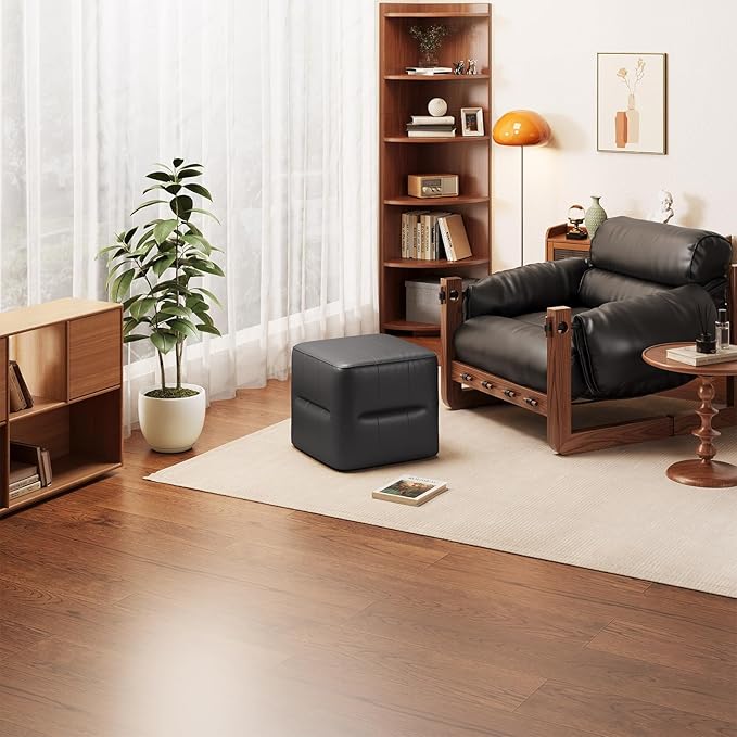Black PU Cube Pouf Vanity Ottoman, Square Faux Leather Footrest Vanity Stool for Living Room, Bedroom, Kids Room, Comfy Floor Pouf for Home Decor