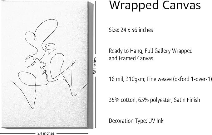 Y2K BOO Kissing Couple Wrapped Canvas Wall Art Romantic Intimacy Continuous Line Drawing 24x36 Inch Gallery Stretched Modern Home Love Art Decor