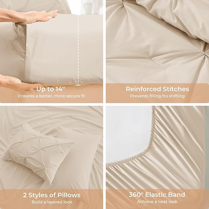 Sasttie California King Comforter Set, 7-Piece Bed in a Bag Cal King, Pintuck Bedding Set for All Season, Includes Comforter, Flat Sheet, Fitted Sheet, Pillowcases and Pillowshams, Warm Beige