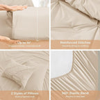 Sasttie California King Comforter Set, 7-Piece Bed in a Bag Cal King, Pintuck Bedding Set for All Season, Includes Comforter, Flat Sheet, Fitted Sheet, Pillowcases and Pillowshams, Warm Beige