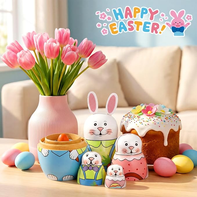 Gejoy Easter Nesting Dolls Russian Matryoshka Rabbit Wooden Handmade Nutcracker Nesting Dolls Collectible Gifts Set for Adults Home Decor