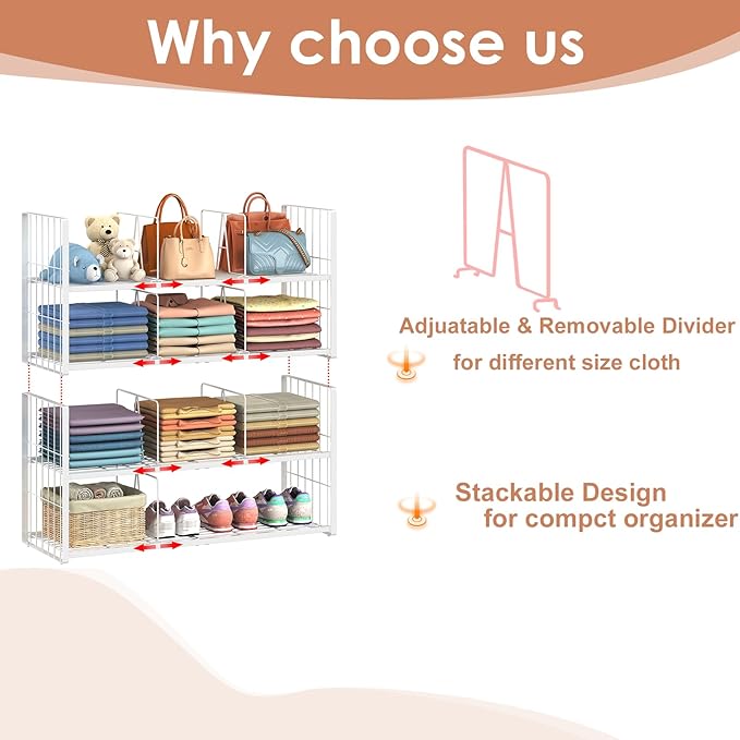 Stackable Closet Storage Shelf, Adjustable Divider Clothes Shelves Organizer for Jeans Pant Shirt Sweater Bag Purse Shoe, Clothing Shelving Rack for Bedroom RV Wardrobe Closet System-White