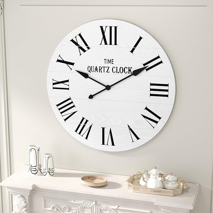 ARTPOWER Large Farmhouse Wall Clock, 35.5” Shiplap Wall Clock with Roman Numeral, Nearly Non-Ticking, Round Wall Clocks for Living Room Decor, Office, Bedroom, Entrance, White